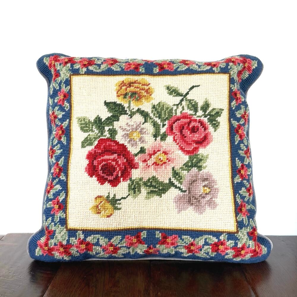 Vintage Lillian Vernon Needlepoint Floral Accent Pillow – Cottage Style Decor